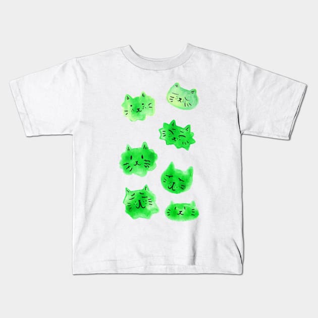 Green Kitty Faces Watercolor Kids T-Shirt by saradaboru